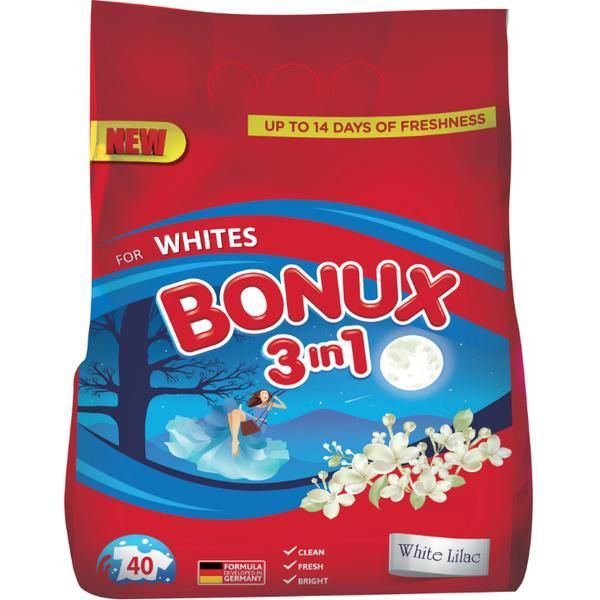 Bonux 3 в 1 автоматичен прах с аромат на люляк за бяло пране - Bonux 3 в 1 за бяло бяло люляк, 4000 гр