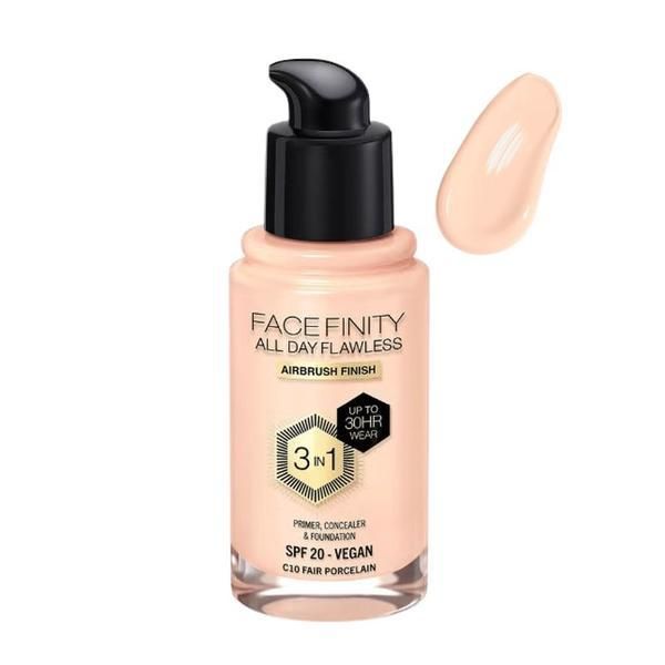 Max Factor 3 в 1 фон дьо тен - Max Factor Facefinity All Day Flawless Airbrush Finish 3 in1 SPF 20 Vegan, нюанс C10 Fair Porcelain, 30 мл