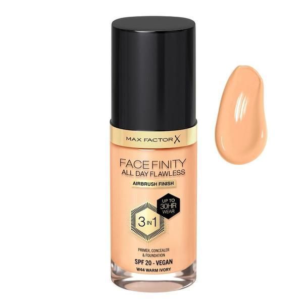 Max Factor 3 в 1 фон дьо тен - Max Factor Facefinity All Day Flawless Airbrush Finish 3 in1 SPF 20 Vegan, нюанс W44 Warm Ivory, 30 мл