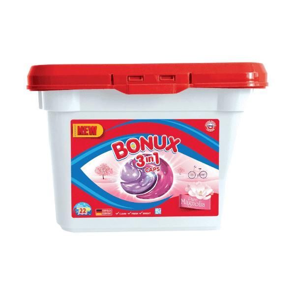 Bonux 3 в 1 капсули прах с аромат на магнолия за цветни дрехи - Бонукс 3 в 1, 22 бр