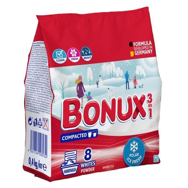Bonux 3 в 1 Прах за ръчно пране със свеж зимен аромат за бели дрехи - Bonux 3 в 1 Whites Powder Polar Ice Fresh, 400 гр