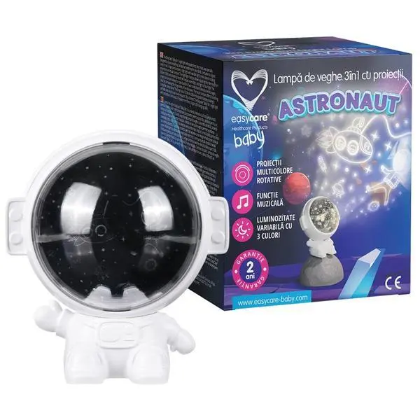 Easy Care Baby 3в1 Нощна лампа с проектор Astronaut - Easycare Baby, въртящи се многоцветни проекции, музикална функция, 3-цветна променлива яркост, 1 бр