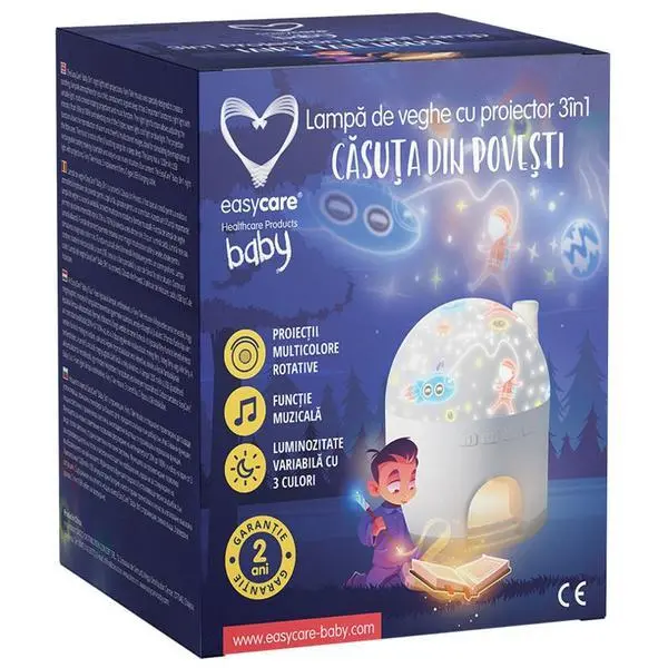 Easy Care Baby 3в1 Нощна лампа с проектор Story House - Easycare Baby, Въртящи се многоцветни проекции, Музикална функция, 3 цвята с променлива яркост, 1 бр