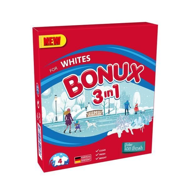 Bonux &gt; Автоматичен прах 3 в 1 със свеж зимен аромат за бяло пране - Bonux 3 в 1 за Whites Polar Ice Fresh, 400 гр