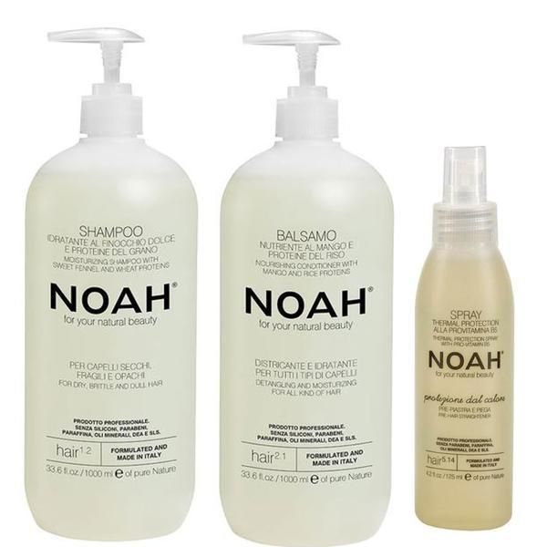 Noah &lt;b&gt; Овлажняващ пакет за коса Noah - Натурален овлажняващ шампоан, 1000 мл; Натурален подхранващ и овлажняващ балсам, 1000мл; Термозащитен спрей с провитамин В5 5.14, 125мл &lt;/b&gt;