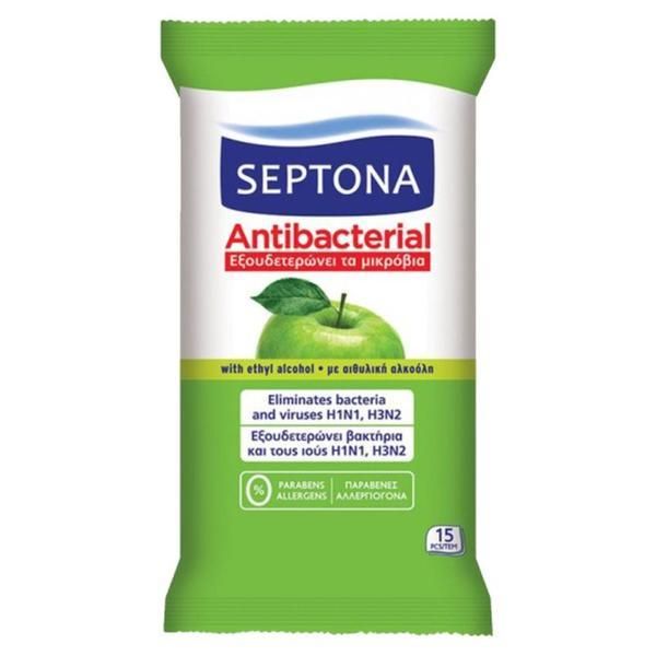 Septona Антибактериални мокри кърпички - Septona Antibacterial Green Apple, 15 бр