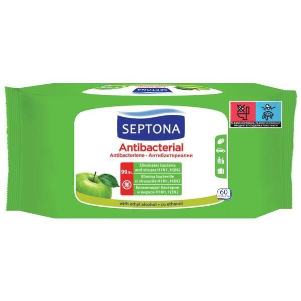 Septona Антибактериални мокри кърпички - Septona Antibacterial Green Apple, 60 бр
