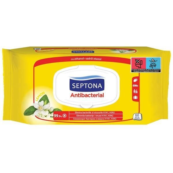 Septona Антибактериални мокри кърпички - Septona Antibacterial Lemon, 60 бр