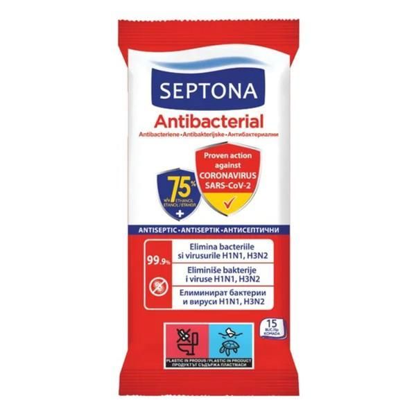 Septona Антибактериални мокри кърпички със 75% етанол - Septona Antibacterial, 15 бр