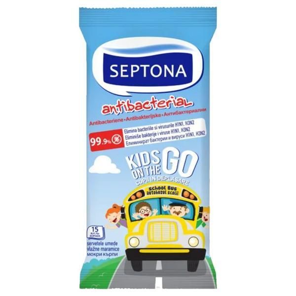 Septona Антибактериални мокри кърпички за деца - Septona Antibacterial, 15 бр