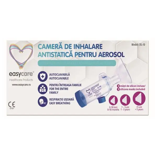 Easy Care Антистатична аерозолна инхалаторна камера, 3 силиконови маски - Easy Care DL-10