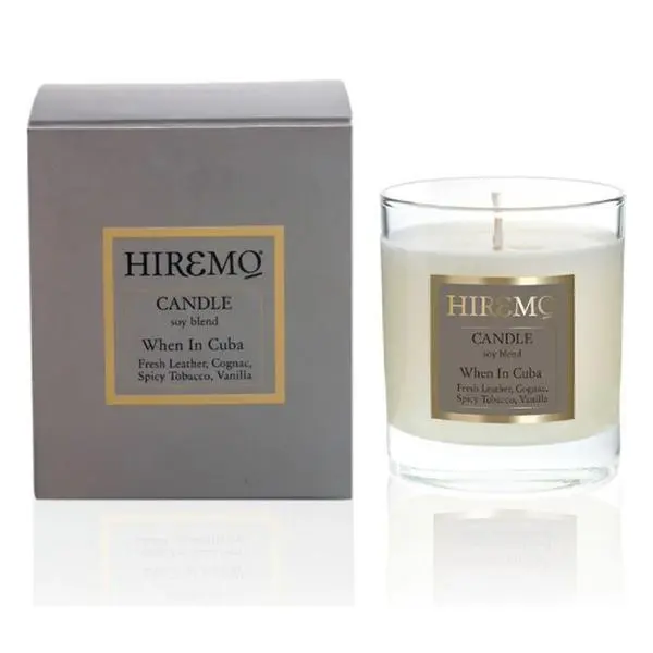 Eolia Cosmetics Ароматна свещ от соев восък с кожа, коняк, тютюн и ванилия - Hiremo Soy Blend Candle Cuba Scented, 250 мл