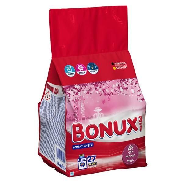 Bonux Автоматичен перилен препарат 3 в 1 с аромат на роза за цветни дрехи - Бонукс 3 в 1 Colours Powder Radiant Rose, 1750 гр