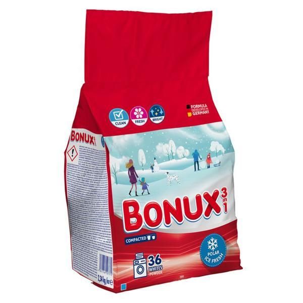 Bonux Автоматичен перилен препарат 3 в 1 Свеж зимен аромат за бели дрехи - Bonux 3 в 1 Whites Powder Polar Ice Fresh, 2340 гр