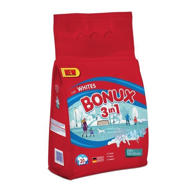 Bonux Автоматичен прах 3 в 1 със свеж зимен аромат за бяло пране - Bonux 3 в 1 за Whites Polar Ice Fresh, 2000 гр