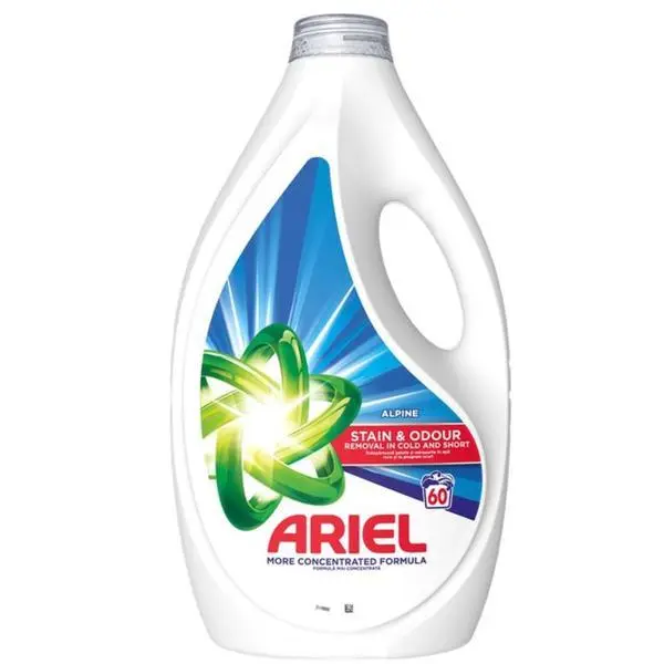 Ariel Автоматичен течен перилен препарат - Ariel Alpine Color Stain &amp; Odour Removal, 60 пранета, 2.7 л