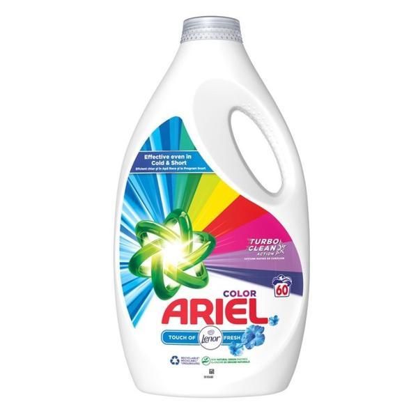 Ariel Автоматичен течен перилен препарат за цветни дрехи с Lenor - Ariel Color Touch на Lenor Fresh Turbo Clean, 60 пранета, 3000 мл