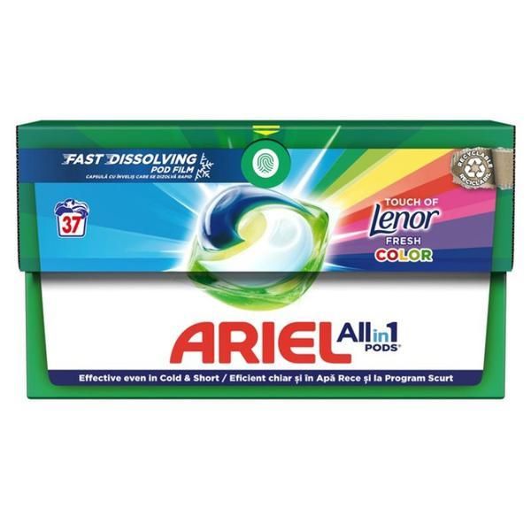 Ariel Автоматични гел капсули за пране за цветни дрехи - Ariel All in 1 Pods Touch of Lenor Fresh Color, 37 бр