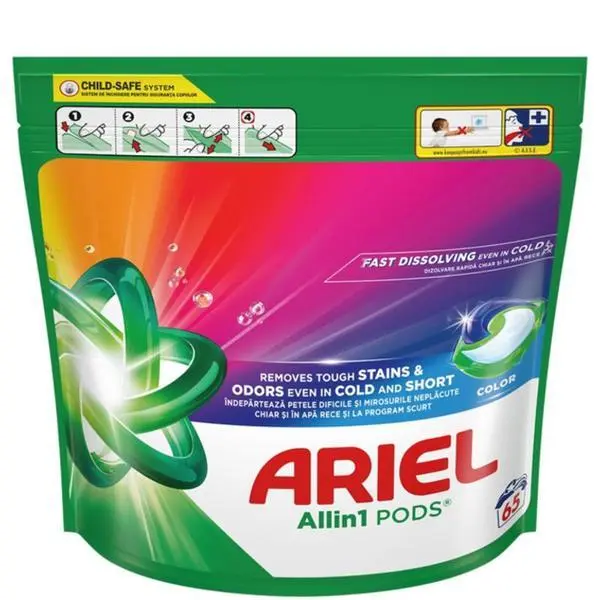 Ariel Автоматични капсули за перилен препарат - Ariel All in 1 Pods Color Fast Dissolving, 65 бр