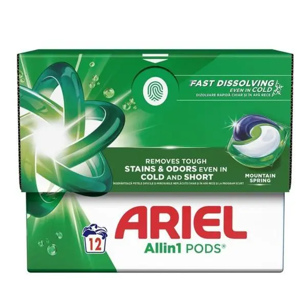 Ariel Автоматични капсули за перилен препарат - Ariel All in 1 Pods Mountain Spring Fast Dissolving, 12 бр