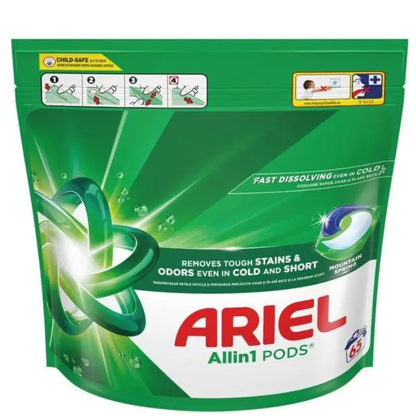 Ariel Автоматични капсули за перилен препарат - Ariel All in 1 Pods Mountain Spring Fast Dissolving, 65 бр