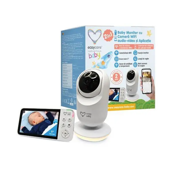 Easy Care Baby Бебефон 2в1 с WiFi аудио-видео камера и приложение - Easycare Baby 5" екран, 2K резолюция камера и нощно виждане, 1 бр
