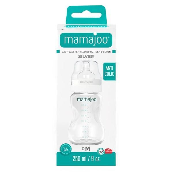 Mamajoo Бебешка Бутилка 250 мл &amp; Teat Anti-Colic № 2 / M - Mamajoo Silver, 1 бр