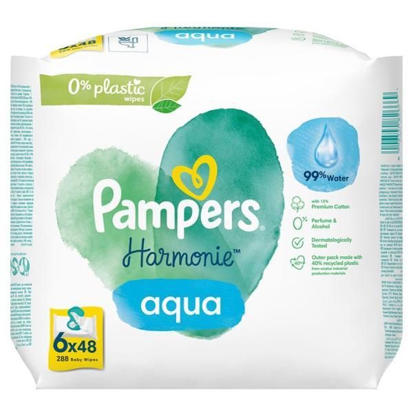 Pampers Бебешки мокри кърпички - Pampers Harmonie Aqua, 6 x 48 бр