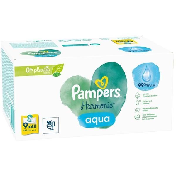 Pampers Бебешки мокри кърпички - Pampers Harmonie Aqua, 9 x 48 бр