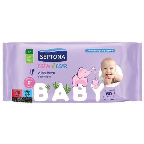 Septona Бебешки мокри кърпички - Septona Calm&#039;n&#039;Care Aloe Vera, 60 бр