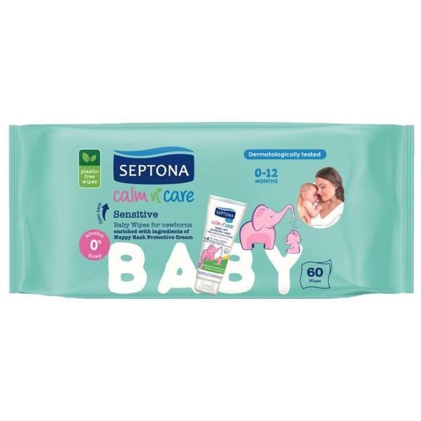 Septona Бебешки мокри кърпички - Septona Calm&#039;n&#039;Care Sensitive 0-12 месеца, 60 бр