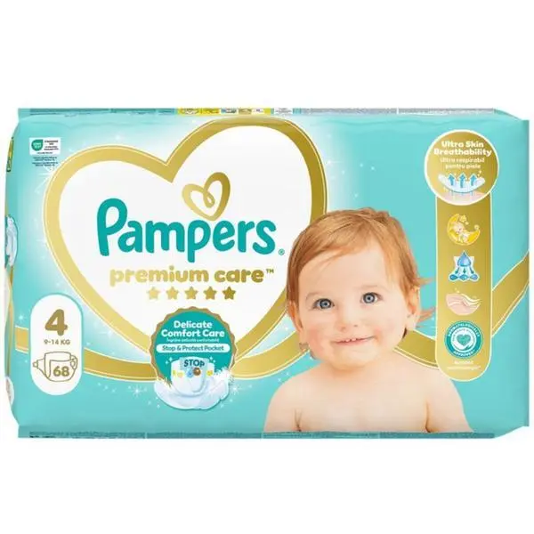 Pampers Бебешки пелени - Pampers Premium Care Delicate Comfort Jumbo Pack, размер 4 (9-14 кг), 68 бр