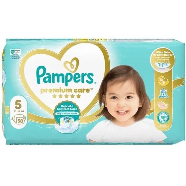 Pampers Бебешки пелени - Pampers Premium Care Delicate Comfort Jumbo Pack, размер 5 (11-16 кг), 58 бр