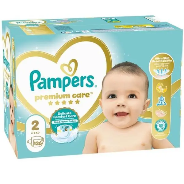 Pampers Бебешки пелени - Pampers Premium Care Delicate Comfort Mega Box, размер 2 (4-8 кг), 136 бр.