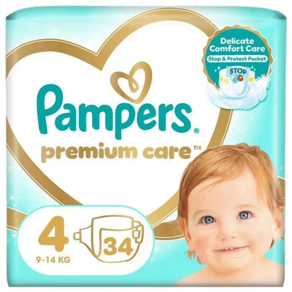 Pampers Бебешки пелени - Pampers Premium Care Delicate Comfort Value Pack Minus, размер 4 (9-14 кг), 34 бр