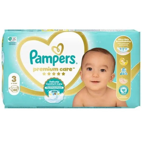 Pampers Бебешки пелени - Pampers Premium Care Delicate Comfort Value Pack, размер 3 (6-10 кг), 60 бр