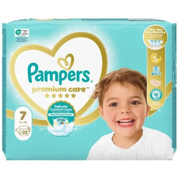 Pampers Бебешки пелени - Pampers Premium Care Delicate Comfort Value Pack, размер 7 (17+ кг), 32 бр