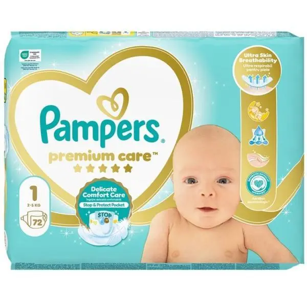 Pampers Бебешки пелени - Pampers Premium Care Value Pack, размер 1 (2-5 кг), 72 бр