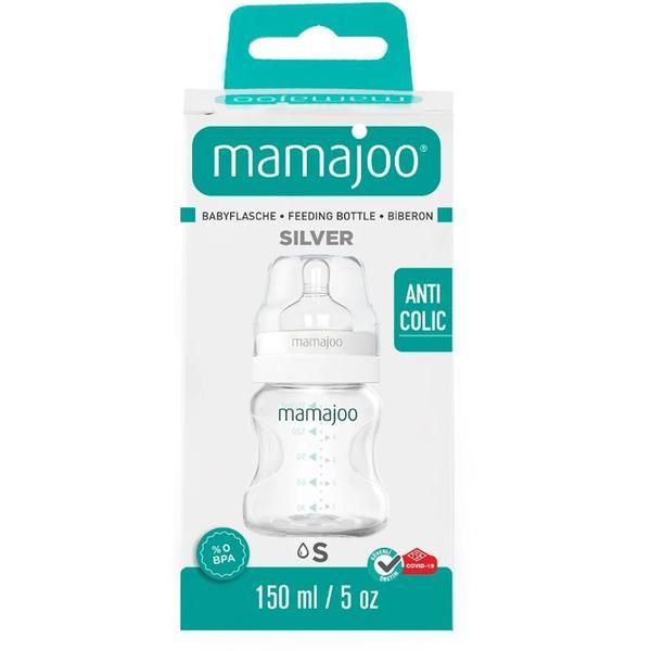 Mamajoo Бебешко шише 150 мл и биберон против колики №. 1/ S - Mamajoo Silver, 1 бр