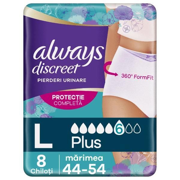 Always Бикини за уринарна инконтиненция - Always Discreet Underwear Plus, размер L, 8 бр
