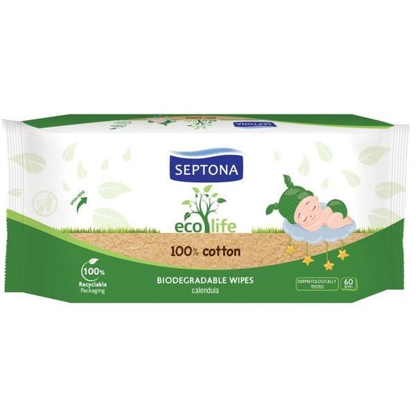 Septona Биоразградими бебешки кърпички - Septona Eco Life 100% памук, 60 бр