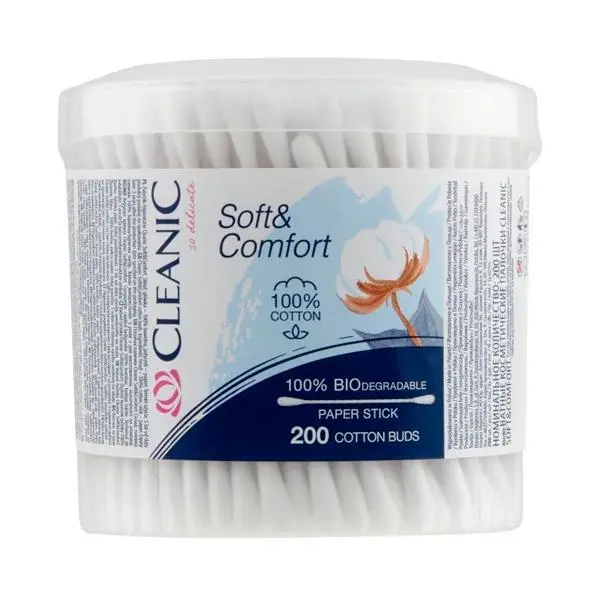 Cleanic Биоразградими памучни клечки за уши - Cleanic Soft &amp; Comfort 100% 200 бр