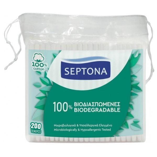 Septona Биоразградими памучни клечки за уши - Septona 100% биоразградими 100% памук, 200 бр
