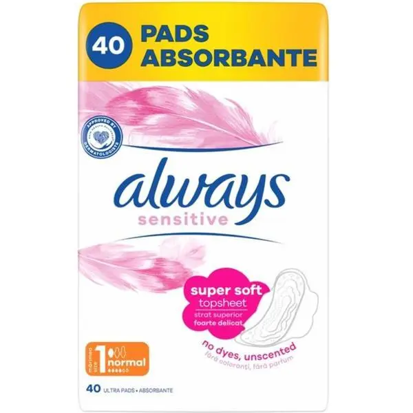 Always Дамски превръзки - Always Sensitive White Super Soft, Quattro Pack, размер 1 Normal, 40 бр