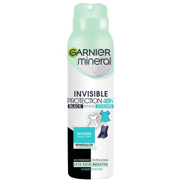 Garnier Дезодорант спрей против изпотяване - Garnier Mineral Invisible Protection 48h Black White Colours Clean Cotton, 150 мл