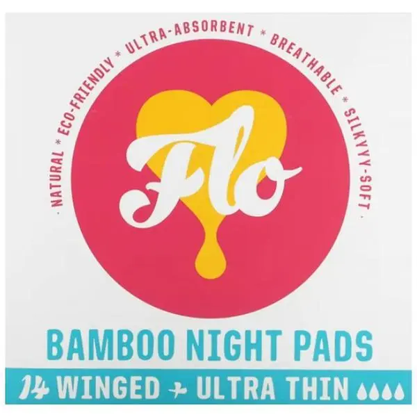 Flo Дълги бамбукови нощни превръзки с крилца Flo Bamboo Night Pads, ултра тънки, 14 бр