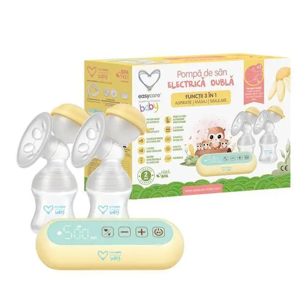 Easy Care Baby Двойна електрическа помпа за кърма 3 в 1 - Easycare Baby, с батерия, 9 скорости на засмукване, функция за масаж и симулация, 1 бр