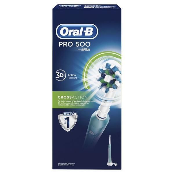 Oral-B Електрическа четка за зъби - Oral-B PRO 500 Cross Action, 20000 пулсации/мин 8800 осцилации/мин, 3D почистване, 1 програма, 1 край, бяло/синьо, 1 бр