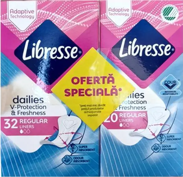 Libresse Ежедневни абсорбенти - Libresse Dailies V-Protection &amp; Freshness Regular Liners, 30 + 20 броя