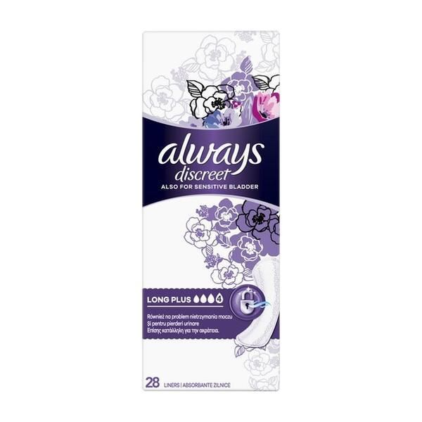 Always Ежедневни абсорбенти при уринарна инконтиненция Always Discreet Also For Sensitive Bladder Long Plus 4, 28 бр